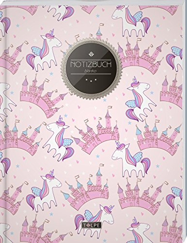 TULPE Blanko Notizbuch A4 „C132 Einhörner Mädchen“ (140+ Seiten, Vintage Softcover, Seitenzahlen, Register, Weißes Papier - Dickes Notizheft, Skizzenbuch, Zeichenbuch, Blankobuch, Sketchbook)