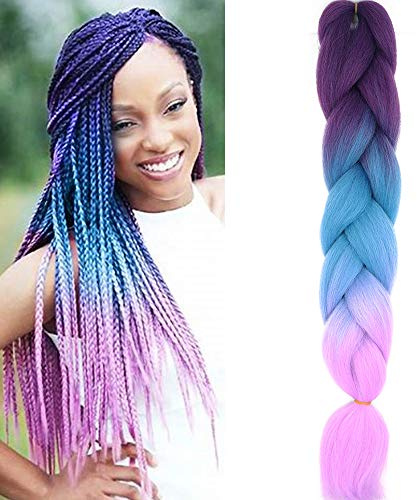 24 Extensions Pour Tresse Jumbo Braid Extension Cheveux au Crochet Tressage synthétique Africaine Lot de 1 (Violet&Lac bleu&Violet clair)