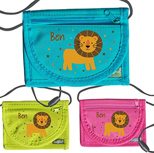 MissRompy | Brustbeutel Löwe mit Name (790) und Sicherheitsverschluss Jungen Umhängebeutel breast bag Portemonnaie