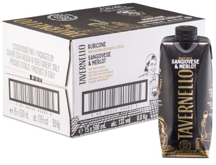 Tavernello Black Gold Vino Rosso Sangiovese Merlot Rubicone IGT, 13.5% Vol, Confezione con 15 Brik da 500 ml