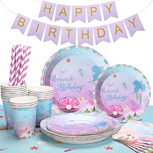 Lilydora 16 Gäste Meerjungfrau Partygeschirr Set 83PCS Meerjungfrau Geburtstag Party Zubehör Meerjungfrau Teller Becher Servietten Tischdecke Meerjungfrau Deko Kindergeburtstag