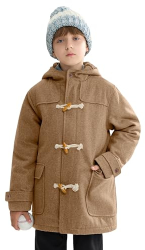 maoo garden Boys Wool Coat Kids Winter Heavy Sherpa Lined Duffle Jacket Hooded Trench Dress Coat Camel 9-10Y