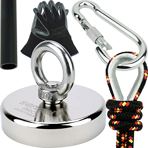 SENSEI Set 300 kg, N52 Neodym-Magnet mit Öse, Ø8 x H1,8 cm, Segelseil 25 m, Schutzhandschuhe + Zubehör, Set mit Ösenmagnet zum Magnetfischen im Wasser