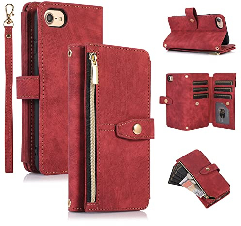 UEEBAI Hülle für iPhone 7/8/SE, Leder Klapphülle, Retro Rotwein | 9 Kartenfäche Lederhülle mit Umhängegurt Handschlaufe Ständer Reißverschluss Handyhülle Magnetverschluss Wallet Flip Case