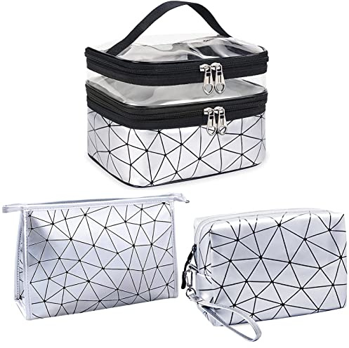 LEcylankEr Kosmetiktasche Damen Set 3 Stück Make Up Tasche Transparent Schminktasche Damen Doppellagige Kosmetiktasche Groß für Reise (Sillber)