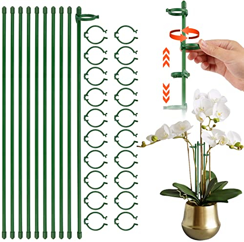 40CM Garden Plant Support Stakes with Clips, Garden Fiberglass Green Plant Sticks Support, 10Pcs Plant Support Sticks with Rings for Indoor and Outdoor Plants, Flowers, Tomatoes, Potted Plants (40CM)