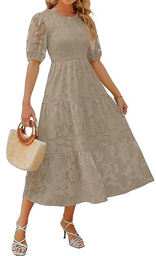 ZESICA Women's 2026 Summer Short Puff Sleeve Crewneck Smocked Floral Lace Flowy A Line Tiered Maxi Dresses, Almond, L