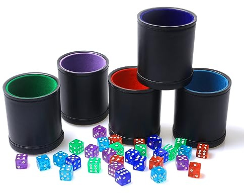 RERIVER 5 Pack PU Leather Dice Cups Velvet Felt-Lined Shaker Cups with 30 Dot Dice for Bar Party Yahtzee Farkle Dice Games