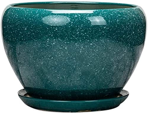 Keramik-Blumentopf, extra groß, leuchtend dunkelgrün, Pflanzgefäß mit Tablett, für Blumen, Grünpflanzen, Kaktus, Pflanztopf für drinnen und draußen, Terrasse, Blumenschale, Pflanzgefäß, Drainagelöcher