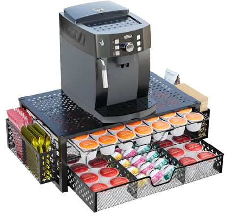 Simple Trending Coffee Pod Holder for K Cups, with 2 Tier Slidng Storage Drawer and Coffee Accessories Holder, 63 Large or 80 Small Capsule Organizer, Black