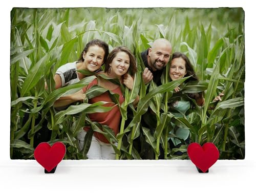 EMIT PRINT Personalisierte Schiefertafel aus Naturstein mit Fototext und herzförmigem Ständer | Individuelles Design | 20x30 cm