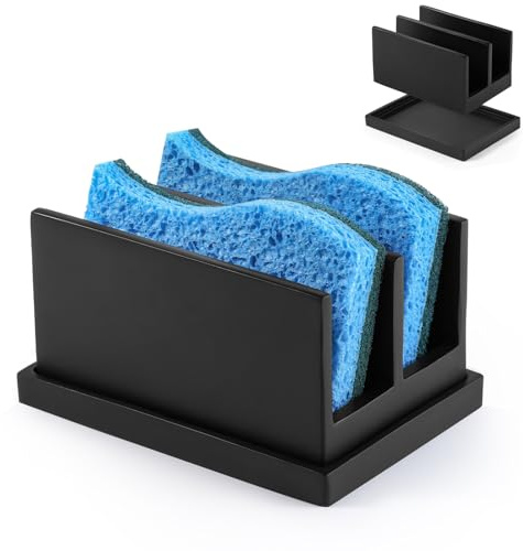 Luxspire Küchenschwammhalter für Spüle, Spülbecken Organizer, Harz Spülschwammhalter mit 2 Fächern, Schwammablage für Küchenspüle, Schwammhalter mit Abtropfschale, Spülbecken Caddy, Mattschwarz