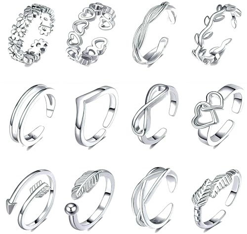 12 Pcs Adjustable Open Rings Set for Women Birthday Stackable Open Finger Joint Thumb Ring Heart Flower Arrow Silver Toe Ring Jewelry Friendship Summer Beach Foot Jewellery Gifts for Mom Ladies Girls