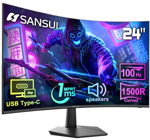 SANSUI - Monitor curvado de 24 pulgadas, 100 Hz, USB tipo C, con altavoces integrados, MPRT 1 ms, sincronización adaptativa, HDR, 1500R, compatible con VESA 75 x 75 mm, para hogar y oficina (ES-24C1)