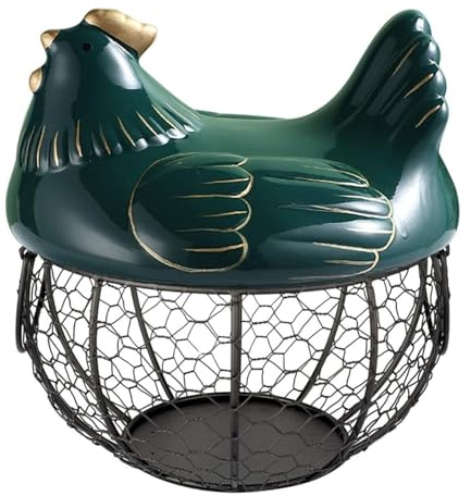 HYKJCSS Huevera Gallina Cesta para Huevos, Decoración De Pollo, Cesta De Almacenamiento De Huevos De Alambre De Malla con Tapa De Pollo De Cerámica, Soporte para Huevos De Granja Hueveras(Grün)
