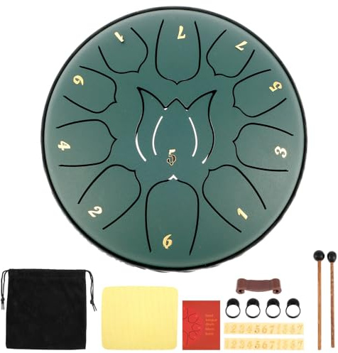 IXTIX Rain Drum Outdoor, Steel Tongue Drum (18,5 * 16,5cm,11 Noten) Zungentrommel D Dur Lotus-Modell Handpan Instrument, Alloy Stahlzungentrommel, Meditation Klangheilung für Anfänger (Grün)