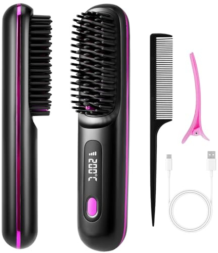 Go Brush Pro, Cordless Hair Straightener Brush for Women, USB Rechargeable Fast Heating Ceramic Hot Comb, Anti-Scald Portable Ionic Hair Brush with Adjustable Temperature for Travel & All Hair Types