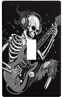 Rock Skull Guitar Light Switch Cover Plates/Outlet Covers,Skeleton Musician for Halloween Decor, Black White Fantastical Art Style,Standard Size Single Toggle
