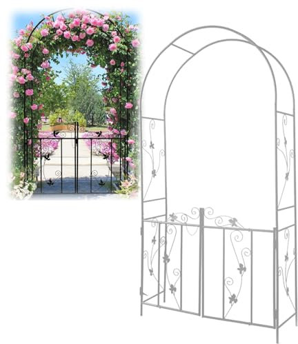 Rosenbogen mit Tür, Torbogen Rankhilfe Pergola Spalier für Rosen Blumen Garten Terrasse 110 x 215 x 37 cm Gartenbogen aus Metall, drinnen und draußen Hochzeitsbogen(White)