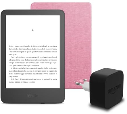 Den neuen Kindle (2024 Release) 16 GB mit Werbung, eine Amazon-Stoffhülle und ein Amazon Powerfast 9-W-Netzteil.