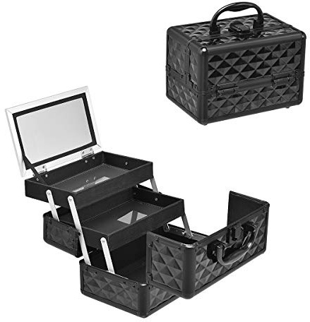 HOMASIS Kosmetikkoffer mit Spiegel, Mini Schminkkoffer mit 3 Ebenen, tragbarer Beauty Case mit Griff & Schloss, Friseurkoffer Hartschale, Make Up Koffer für Damen & Mädchen, 23 x 15 x 18 cm (Schwarz)