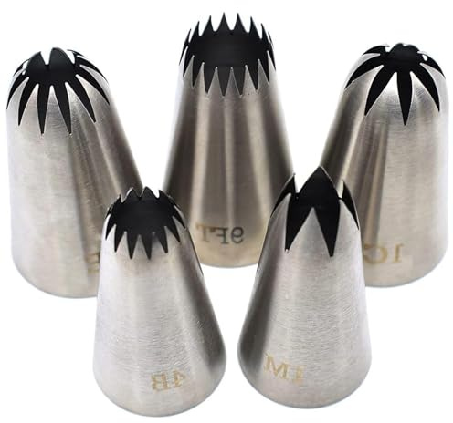 5 Pack Stainless Steel Seamless Piping Icing Tips #9FT 1C 1E 1M 4B, Large Star Piping Nozzle, Cake Decorating Tools for Baker