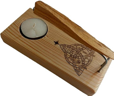 YA-DECOREGALOS Quemador de Palo Santo e Incienso, Diseño Nudo de Bruja, con Vela de Té, Madera Natural Hecho a Mano, Palo Santo de Perú de Regalo.