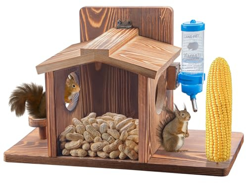 Squirrel Feeder for Outside, Squirrel Picnic Table Feeder for Corn Cob, Peanut and Nuts, Hanging Chipmunk House Box for Outdoors with Window and Squirrel Water Feeder