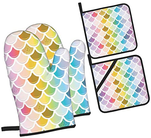4 Pezzi Forno E Presine Guanti Rainbow Colorful Mer-Maid Scale Guanti Da Forno Divertenti Professional Guanti Da Cucina Per Barbecue, Microonde, Griglia