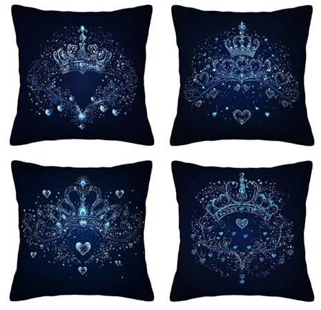 Outdoor Cushion Covers 45cm x 45cm Blue Waterproof Linen Throw Pillow Cases Crown for Qutdoor Cushions for Garden Furniture, Square Sofa Pillows Case 4 Pack with Invisible Zipper for Bench Patio Q-52