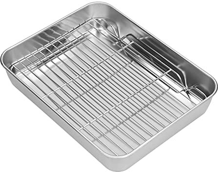 Asado Rectangular de Acero Inoxidable con Rejilla, Bandeja para Hornear sin Varilla para una Cocina Saludable, para Procesos de Hornear (23.5 * 17.5 * 5CM)