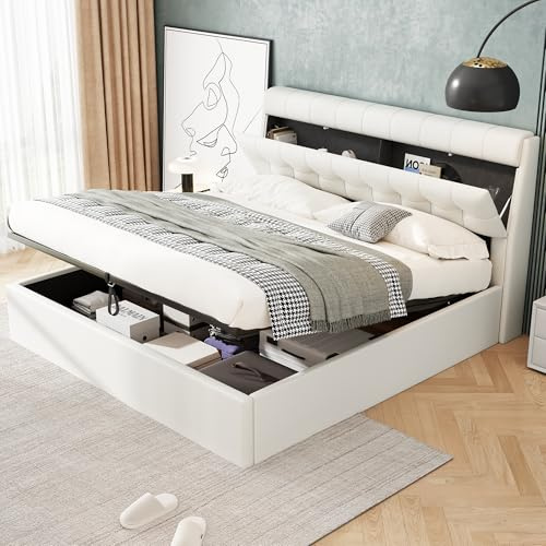 EINHOM Bett 140x200 cm, Polsterbett mit Hydraulischer Stauraum, Doppelbett mit Verdeckte Kopfteilablage, Stauraumbett mit Lattenrost und Kopfteil, PU-Material, Ohne Matratze, Weiß
