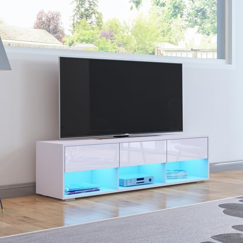 TV Stand Cabinet, 150cm Modern High Gloss Front TV Unit with LED lights, Entertainment Unit Cupboard with 3 Drawers and 3 Open Shelves, Storage Furniture for Living Room Bedroom Office Home, White