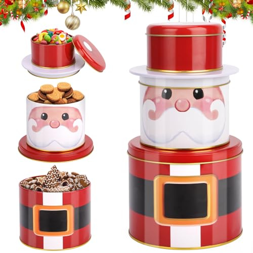 MTINRNI 3-teilige Weihnachts Keksdose Santa(25,5cm) – Metall-Dose mit 3 Etagen für Plätzchendose, Süßigkeiten & Snacks | Dekorative Aufbewahrung für Winterpartys, Weihnachtsdekorationen und Geschenke
