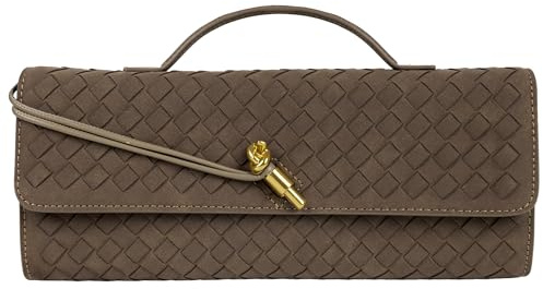 Joryin Woven Purse for Women Evening Clutch Woven Leather Handbags Crossbody Bag Formal Evening Bag, Coffee Woven Suede