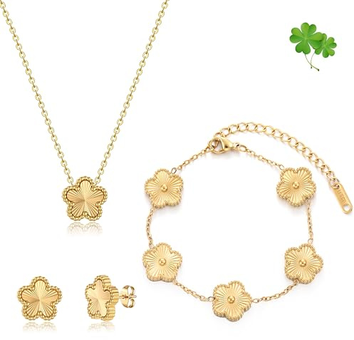 FUNIO Kleeblatt Schmuck Set für Damen - 18 Karat Gold Link Armband Armreif Glücksarmband Halskette Ohrringe Schmuck Geschenk für Damen