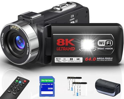 Delmodes Camcorder 8K 64MP 18X Digital Zoom WIFI Video Camera for YouTube 3.0 Inch UHD Touchscreen IR Night Vision Vlogging Camera with 32GB SD Card, Remote Control and Two Batteries