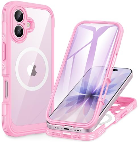 CENHUFO Compatible with iPhone 17 Case Built-in Glass Screen Protector and Full Camera Protection, Fits for Magsafe, 360 Full Body Shockproof Bumper Clear Phone Case for iPhone 17 6.3 Inch -Pink