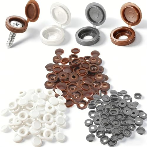 Screws Caps, 240 Pcs Plastic Hinged Screw Caps, Flip-Top Snap-On Screw Covers for Furniture, Cabinets, Wall Repairs, Grey, White, Coffee Brown