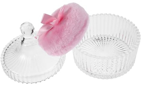 ERINGOGO Großer Flauschiger Körperpuderapplikator Weicher Polyester mit Glasbehälter und Pinkem Schleifenband Puderquaste für Make Up und Puder für Damen