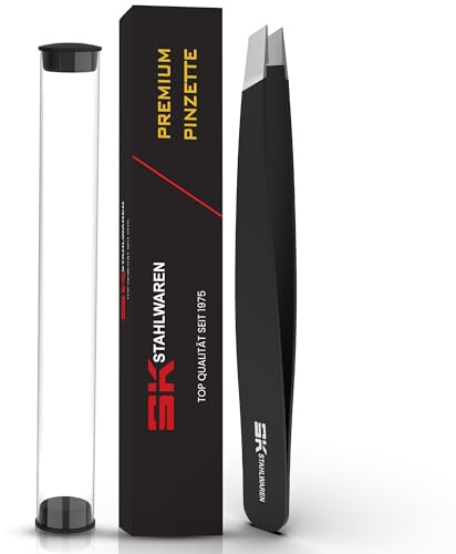 SK STAHLWAREN Schräge Pinzette 9,6 cm Premium rostfreier Edelstahl Augenbrauen Profi Zupf Vielseitig Einsetzbar für eingewachsene Haare, Gesichtpflege,Härchen für Damen & Herren schutzdose Inkl.