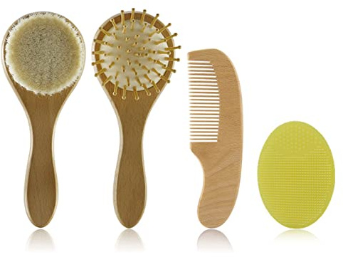 Baby-Haarbürsten-Set, rund, Holz, Kopfmassagegerät für Neugeborene, 4 Stück, Babyhaare und Bürsten-Set für Mädchen und Jungen