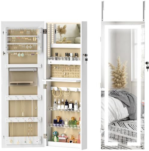 HOMCOM Armoire à Bijoux LED Mural/de Porte Miroir Pleine Longueur Blanc | Organisateur de Bijoux, Verrouillable, Divers Compartiments, Meuble de Rangement pour Colliers, Boucles d'Oreilles