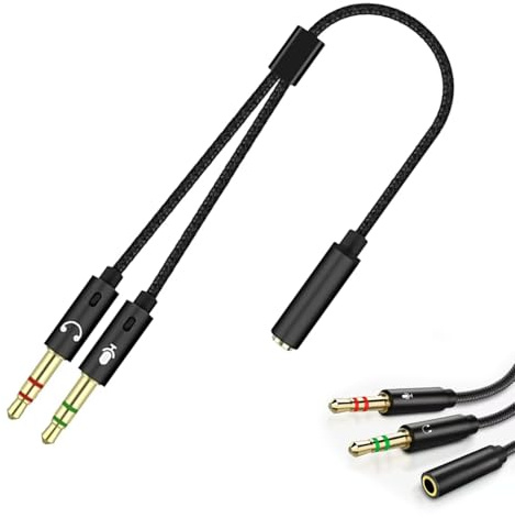 ROHMERIQUE 2 in 1 Headphone Mic Splitter Stereo Jack Cables, 3.5mm Female to Dual 3.5mm Male Audio Splitter, Stereo Sound & Mic Adapter for Gaming Headset, Laptop, PC, Speaker, Home Entertainment