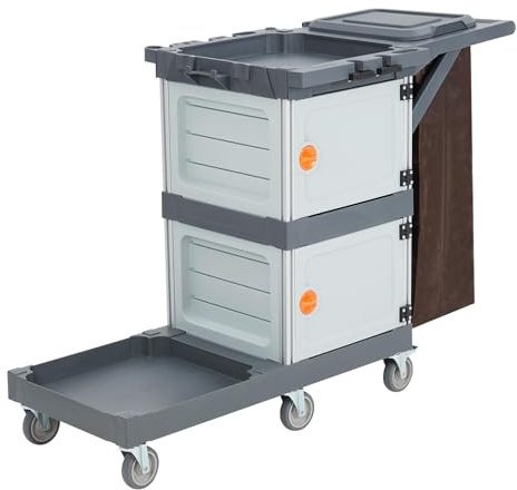 Heavy-Duty Commercial Janitorial Cleaning Cart with Dual Cabinets, 3 Storage Shelves, Vinyl Trash Bag & Smooth-Rolling Wheels – Professional Housekeeping Trolley for Hotels, Schools & Apartments