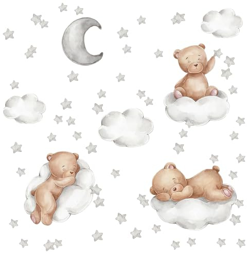 Wandsticker Teddybär Wandsticker BäR, Wandtattoo Bär auf Wolke mit Stern und Mond, Große Wandaufkleber Kinder für Babyzimmer Deko Junge und Mädchen, Niedliche Kinderzimmer Wanddeko