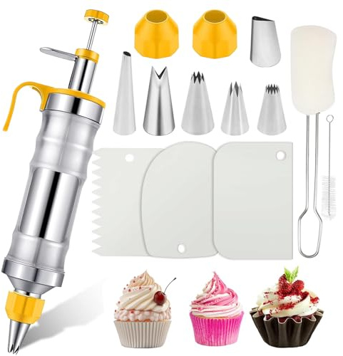 Icing Piping Kit Nozzles Set, Stainless Steel Reusable Icing Piping Syringe with 6 Nozzles and 3 Scrapers for DIY Baking Cupcake Dessert Cake Decorating Tools Accessories (Yellow)