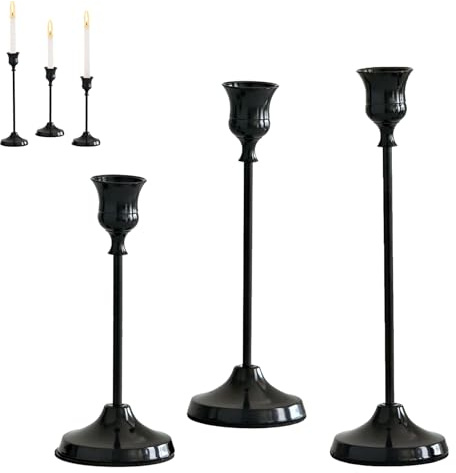Set mit 3 Schwarze Kerzenhaltern von Sumneo - Vintage Kerzenständer in verschiedenen Höhen, dekorative Tischdekoration für Hochzeiten, Weihnachten, Feiern & als Geschenk (schwarz)
