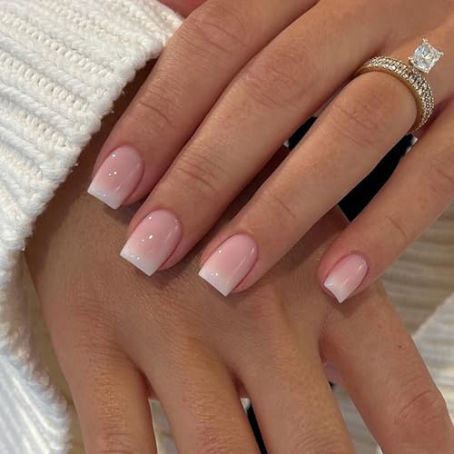 24 Stück Nägel zum Aufkleben Kurz, Weiß Rosa Gradient Design Glossy Fake Nails Kunstnägel mit Nagelkleber,Glänzend Quadratisch Press on Nails, Full Cover Künstliche Nägel für Frauen (Pink Farbverlauf)