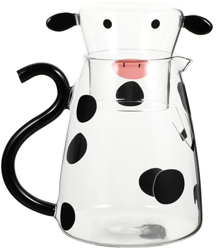 INOOMP Bouilloire en Verre 550 Ml Motif Dessin Animé Vache, Compatible Micro-ondes, Ensemble Pichet D'eau Froide et Tasse Combinée, Théière à Fleurs pour Infusion et Lait, Usage